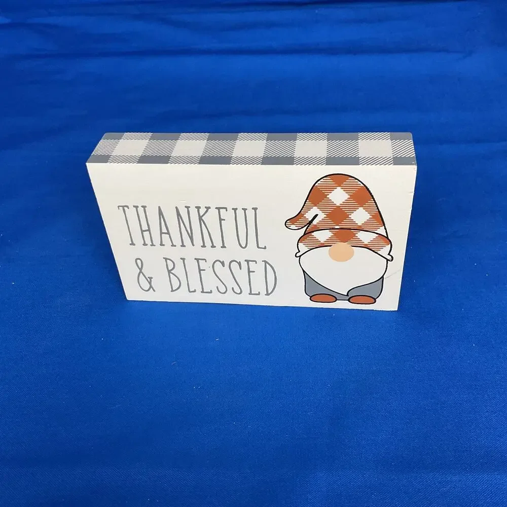 Thankful & Blessed Wooden Block Sign Buffalo Plaid Fall Gnome Thanksgiving Decor